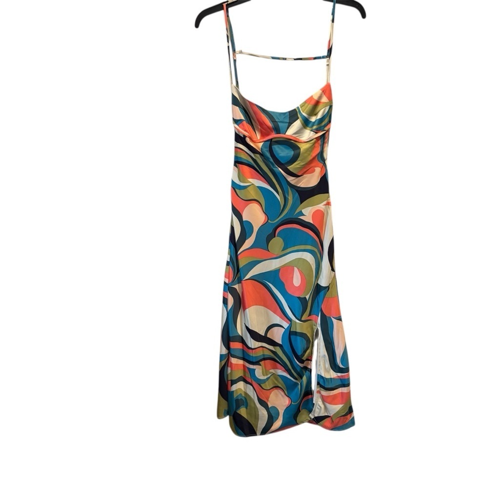 NWT Allison & Kelly Satin Geo Print Spaghetti Strap Back Cut Out Slip Dress, XS - Picture 2 of 13